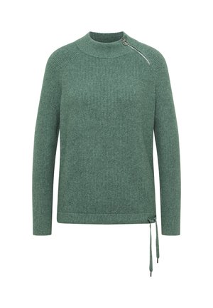 Grön stickad långärmad tröja med hög krage, diagonalt blixtlås på axeln och dragsko-detalj på den nedre sidan.