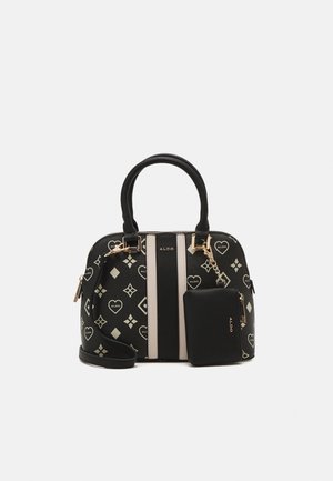 Bolso Aldo con patrón en blanco y negro, con asas dobles, rayas verticales, detalles dorados y un pequeño bolso negro adjunto.