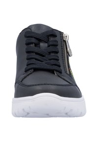 Black leather sneaker with a white rubber sole, featuring lace-up design and a side zipper. Accents include colorful detailing.