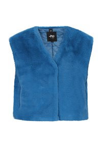 Blå fuskpälsväst med v-ringad design, mjuk textur och utan knäppningar. Inuti finns ett vadderat mönster för extra värme.