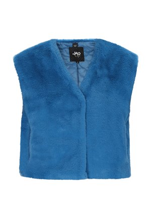 Blauer Kunstpelz-Weste mit V-Ausschnitt, weicher Textur und ohne Verschlüsse. Das Innere verfügt über ein gesteppte Muster für zusätzliche Wärme.