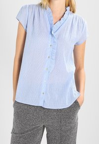 Light blue striped blouse with a ruffled neckline, short sleeves, and gold buttons, paired with gray patterned trousers.