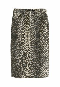 Denimrock im Leopardenprint mit taillierter Passform, zwei vorderen Taschen und einer sichtbaren vorderen Naht. Hauptfarben sind Beige, Schwarz und Braun.
