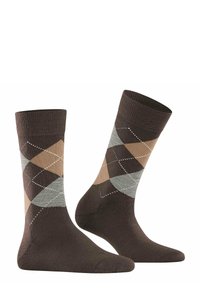 Calcetines argyle marrones con un patrón de diamante en tonos de marrón, beige y gris, con un puño acanalado y una textura suave.