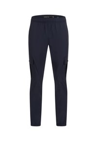 Marina cargo byxor med elastisk midja, sidofickor och avsmalnande ben. Tillverkade av lätt tyg med en slät textur.