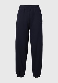 Marineblaue Sweatpants mit gerafften Knöcheln, elastischem Bund und einem kleinen Logodetail an der Seite. Hergestellt aus weichem, elastischem Stoff.