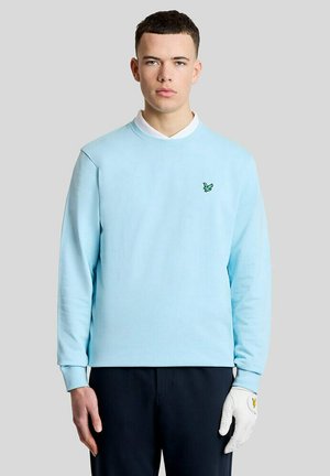 Ung mand iført en lyseblå sweatshirt med et lille grønt fuglelogo, hvid skjorte med krave, sorte bukser og en hvid golfhandske på højre hånd.