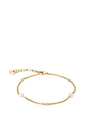Zartes goldfarbenes Kettenarmband mit zwei Perlen und drei kleinen runden Diamantakzenten, mit verstellbarem Verschluss und Verlängerungskettchen.