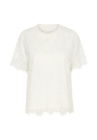 White lace t-shirt featuring short sleeves, a scalloped hem, and intricate floral patterns with a smooth inner lining.