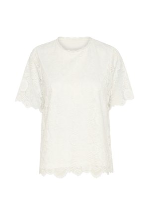 Witte kanten t-shirt met korte mouwen, een golvende zoom en ingewikkelde bloemmotieven, voorzien van een gladde binnenvoering.