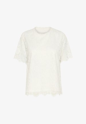 Bijela čipkasta majica s kratkim rukavima, valovitim rubom i složenim cvjetnim uzorcima, s glatkom unutarnjom podstavljanjem.