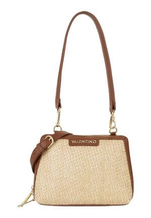 Kleine rechteckige Valentino-Handtasche mit beigem gewebtem Muster, braunem Lederbesatz, verstellbarem Schulterriemen und goldfarbenen Metallakzenten.