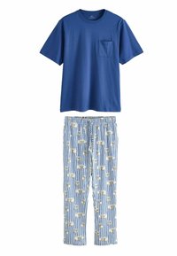 Blaues T-Shirt aus Baumwolle mit kurzen Ärmeln und Tasche; gestreifte Schlafanzughose mit Bären- und Baum-Motiven in Blau- und Creme-Tönen.