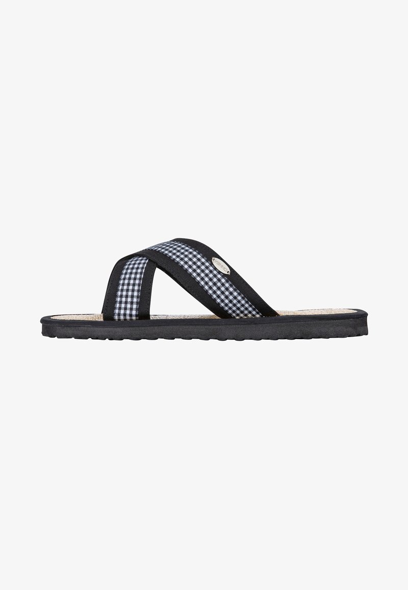 Black and white gingham flip-flop with two crossover straps and a textured rubber sole. Notable hardware accent on strap and breathable footbed.