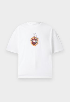 White oversized T-shirt with a colorful sacred heart graphic and text "AllSaints London" centered on the chest.