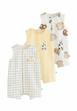 Trzy bezrękawnikowe rampersy dla niemowląt: biały z czarną kratą i uśmiechniętym tostem, żółty z falistymi paskami i butelką mleka, biały z ilustracjami jedzenia.