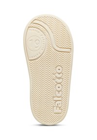 Suola di scarpa in gomma color crema con motivo a zigzag, nome del marchio "Falcotto" in rilievo e indicatore di taglia "19."