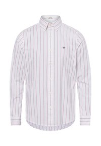 Weißes Hemd mit dünnen roten vertikalen Streifen, langen Ärmeln und abgerundetem Saum. Verfügt über ein kleines Logo auf der linken Brust. Aus Baumwollmaterial.