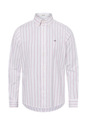 Witte overhemd met dunne rode verticale strepen, lange mouwen en een afgeronde zoom. Bevat een klein logo op de linkerborst. Katoenen materiaal.