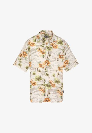 Beige overhemd met korte mouwen en een patroon van oranje hibiscusbloemen en groene palmbomen, met knoopsluiting aan de voorkant en een kraag.