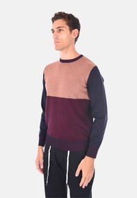 Maglione lavorato a maglia con un design a blocchi di colore in beige, bordeaux e blu marino, con scollatura rotonda e polsini a coste. Texture morbida su tutta la superficie.