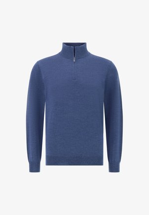 Moški modri pulover iz mehke pletenine, z delno zadrgo na ovratniku, dolgimi rokavi ter rebrastimi robovi in spodnjim delom.
