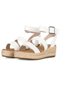 Sandali wedge bianchi con ampie cinghie incrociate e fibbia regolabile alla caviglia. Presentano una piattaforma in juta naturale e una morbida soletta in tan.