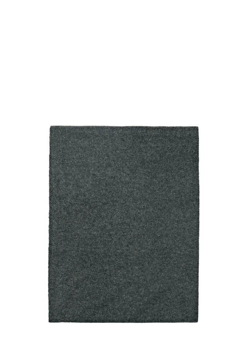 Mørkegrå, strikket uldkvadratisk tæppe med en blød tekstur og jævne syninger, der har et enkelt, ensartet design.