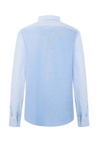 Camisa de manga larga azul claro con parte posterior de color sólido y mangas a rayas. Puños abotonados y cuello clásico. Tejido de algodón suave.