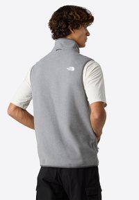 Mand iført en grå sansærmet fleecevest med The North Face-logoen på bagsiden, hvid kortærmet skjorte og sorte bukser, der kigger til siden.