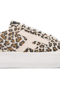 Leopard print sneaker with a canvas upper, beige and brown colors, white laces, rubber sole, and a textured white platform.
