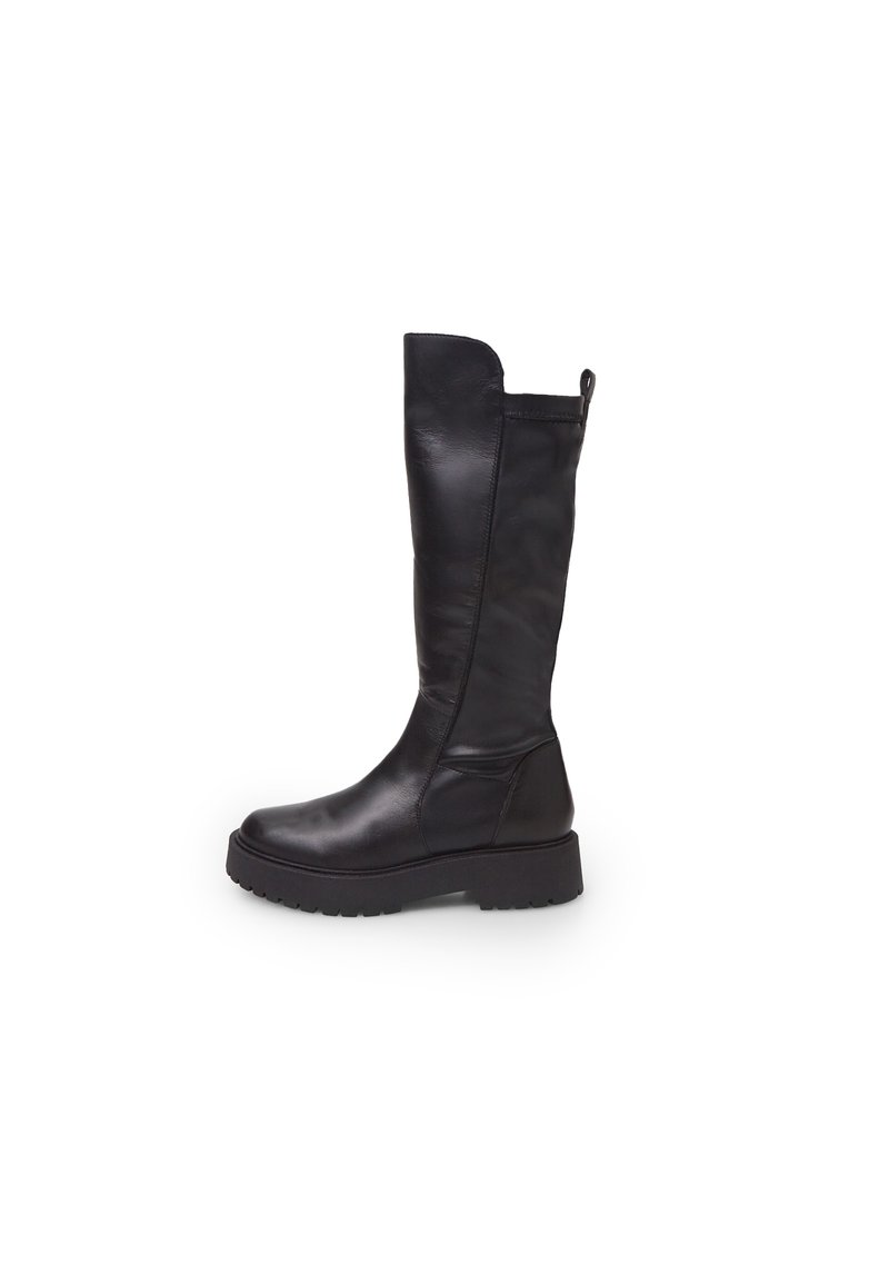 Knee-high black leather boots with a rounded toe, textured finish, and a chunky rubber sole. Features a side zipper and a pull tab.