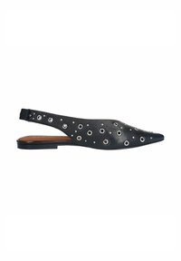 Black leather slingback shoe with pointed toe, featuring silver eyelet accents and a flat sole. Smooth texture with a minimal design.