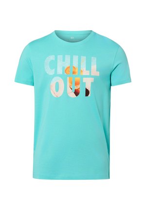 Türkisfarbenes T-Shirt mit kurzen Ärmeln und dem Schriftzug "CHILL OUT", der einen tropischen Drink mit einer Orangenscheibe und einem Trinkhalm innerhalb der Buchstaben zeigt.