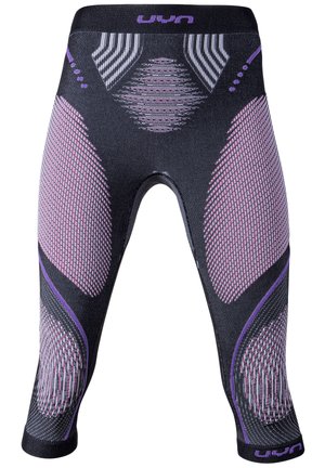 Schwarze Sportleggings mit lila Akzenten, mit einem strukturierten Design und Mesh-Einsätzen, knielang und mit einem breiten elastischen Bund.