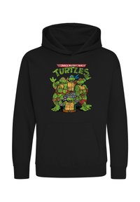Felpa nera con cappuccio caratterizzata da una grafica vivace di quattro tartarughe verdi con maschere, con il testo "TEENAGE MUTANT NINJA TURTLES" sopra. Tasca a marsupio frontale.
