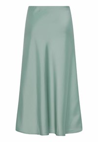 Midi-seelik pehme piparmündirohelises toonis, valmistatud siledast ja läikivast materjalist. Omab laienevat disaini ja mugavat elastset vööd.