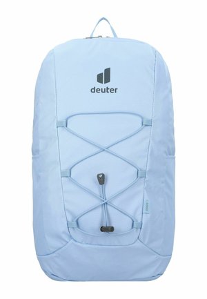 Helles blaues Rucksack mit elastischen Schnürungen, Logo auf der Vorderseite, verstellbaren Trägern, Seitentaschen, aus strapazierfähigem synthetischem Material.