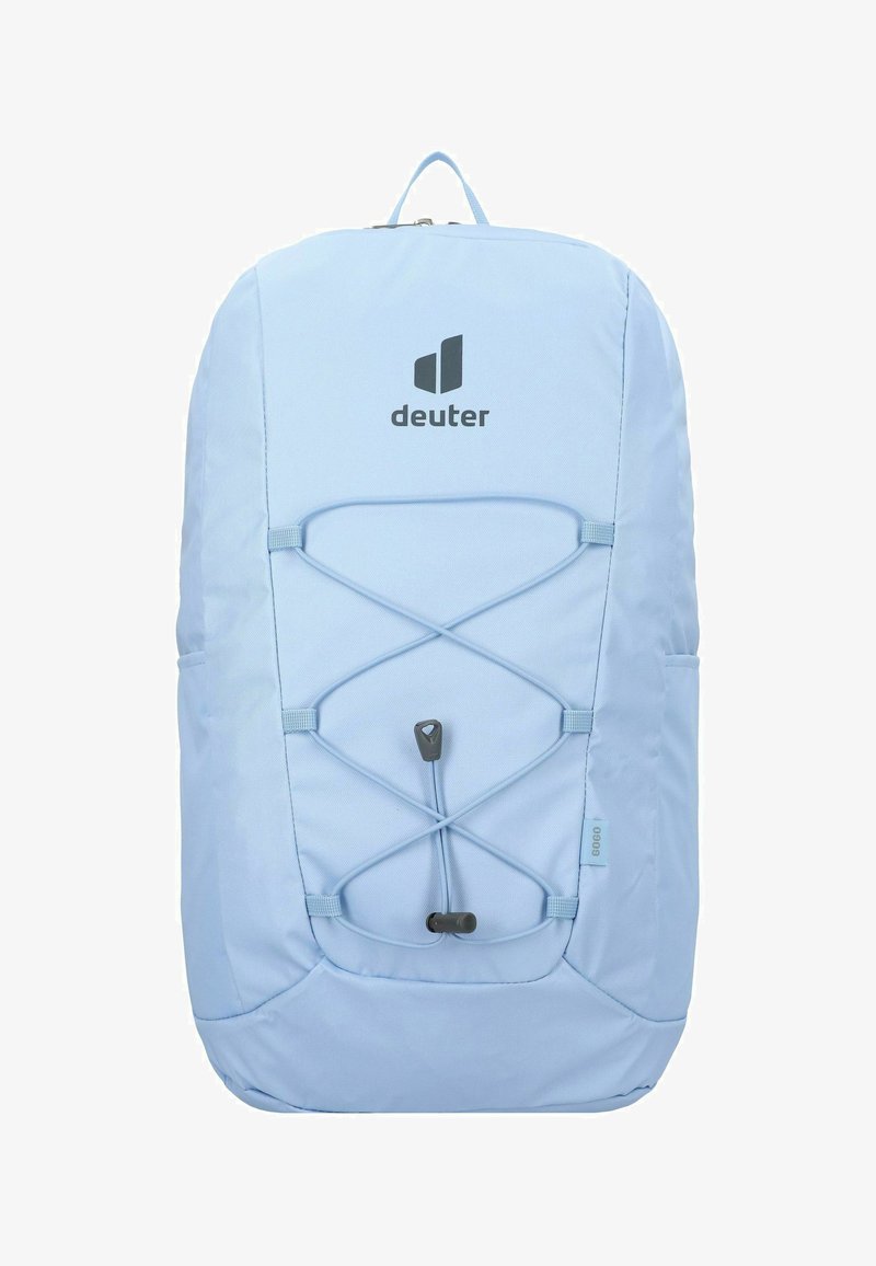 Helles blaues Rucksack mit elastischen Schnürungen, Logo auf der Vorderseite, verstellbaren Trägern, Seitentaschen, aus strapazierfähigem synthetischem Material.