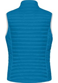 Blaue isolierte Weste mit vertikal gestepptem Design, hohem Kragen und Armöffnungen. Glatte Textur mit grauen Akzenten entlang der Kanten.