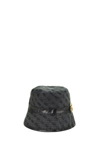 Cappello a secchi grigio scuro con loghi a motivi neri, fascia in pelle nera attorno alla base e dettaglio del logo circolare dorato sul lato.