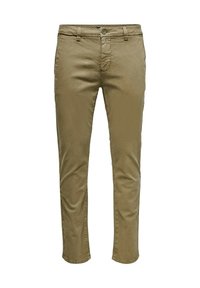 Khaki chinos lavet af blød bomuld. Slim fit-design med knaplukning, bæltestropper og sidelommer. Glat tekstur, ingen synlige mønstre.