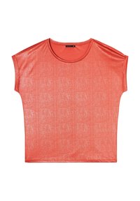 Koraal kleurige top met korte mouwen, voorzien van een ronde halslijn en een textuurfinish. Glad materiaal met een losse, boxy pasvorm en zonder opvallende accenten.