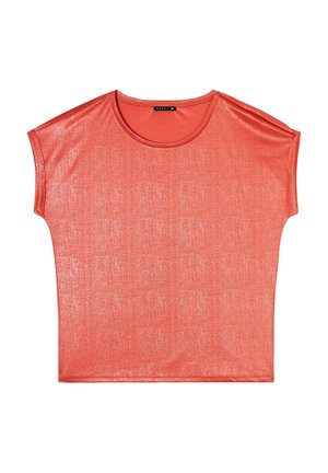 Haut court à manches courtes corail avec un col rond et une finition texturée. Tissu lisse avec une coupe ample et carrée, sans accents notables.