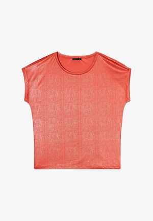 Koraal kleurige top met korte mouwen, voorzien van een ronde halslijn en een textuurfinish. Glad materiaal met een losse, boxy pasvorm en zonder opvallende accenten.