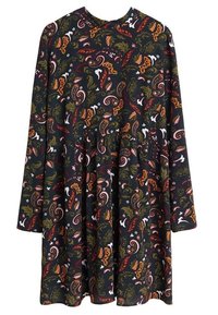 Langärmliges Kleid mit runder Ausschnitt, aus einem Stoff mit floralem und Paisley-Druck in Grün, Orange, Pink und Weiß auf schwarzem Hintergrund.
