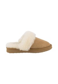 Tan suède slipper met een witte nepbontrand, platte zool en afgeronde neus. Zachte textuur en eenvoudig ontwerp geschikt voor binnenshuis dragen.