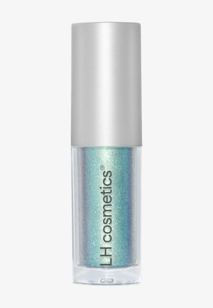 Tube de fard à paupières liquide bleu-vert pailleté de LH cosmetics avec un capuchon argenté sur fond blanc.