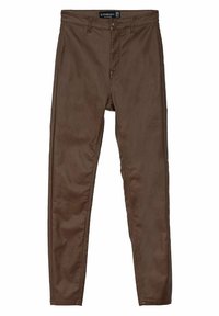 Bruine, slim-fit broek van een gladde stof. Voorzien van een knoopsluiting, riemlussen en een klassieke vijf-pocket ontwerp.