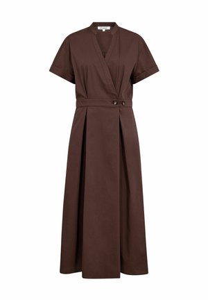 Robe midi marron portefeuille avec manches courtes, encolure en V, jupe plissée et deux boutons à la ceinture.